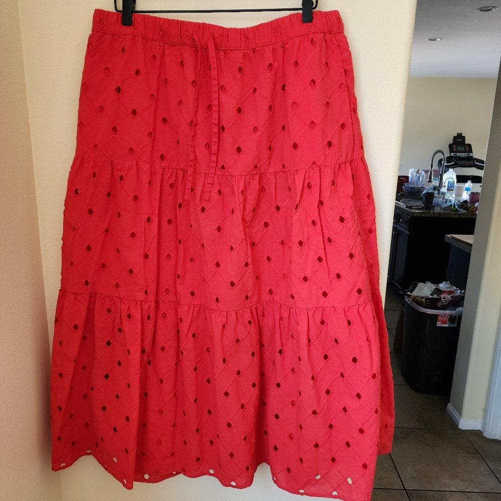 A New Day Red Eyelet Drawstring Tiered Skirt XXL Boho Y2K Grunge 80's Hippie